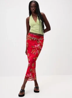 Printed mesh maxi skirt