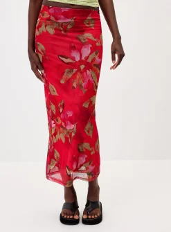 Printed mesh maxi skirt