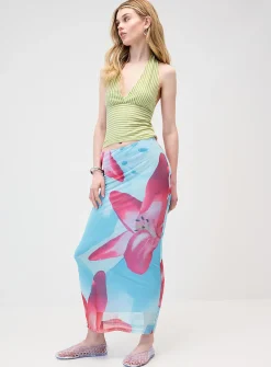 Printed mesh maxi skirt