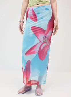 Printed mesh maxi skirt