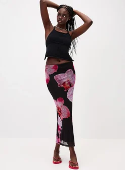 Printed mesh maxi skirt