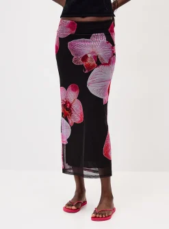 Printed mesh maxi skirt