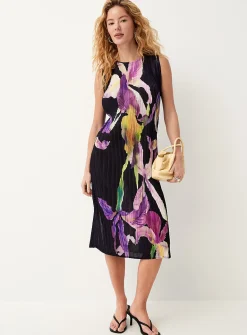 Printed pleated-texture sleeveless midi dress