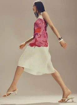 Printed pleated-texture sleeveless midi dress