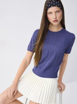 Puff sleeve pointelle knit sweater