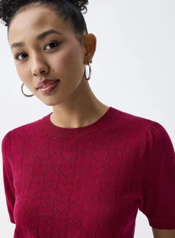 Puff sleeve pointelle knit sweater
