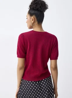 Puff sleeve pointelle knit sweater