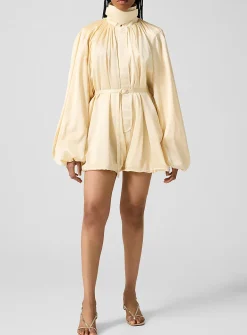 Puff sleeves satin draped romper