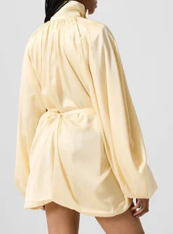 Puff sleeves satin draped romper