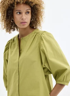 Puff-sleeve loose poplin dress