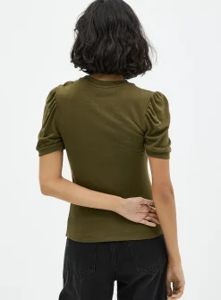 Puff-sleeve supple knit T-shirt