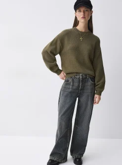 Puff-sleeve thick knit sweater