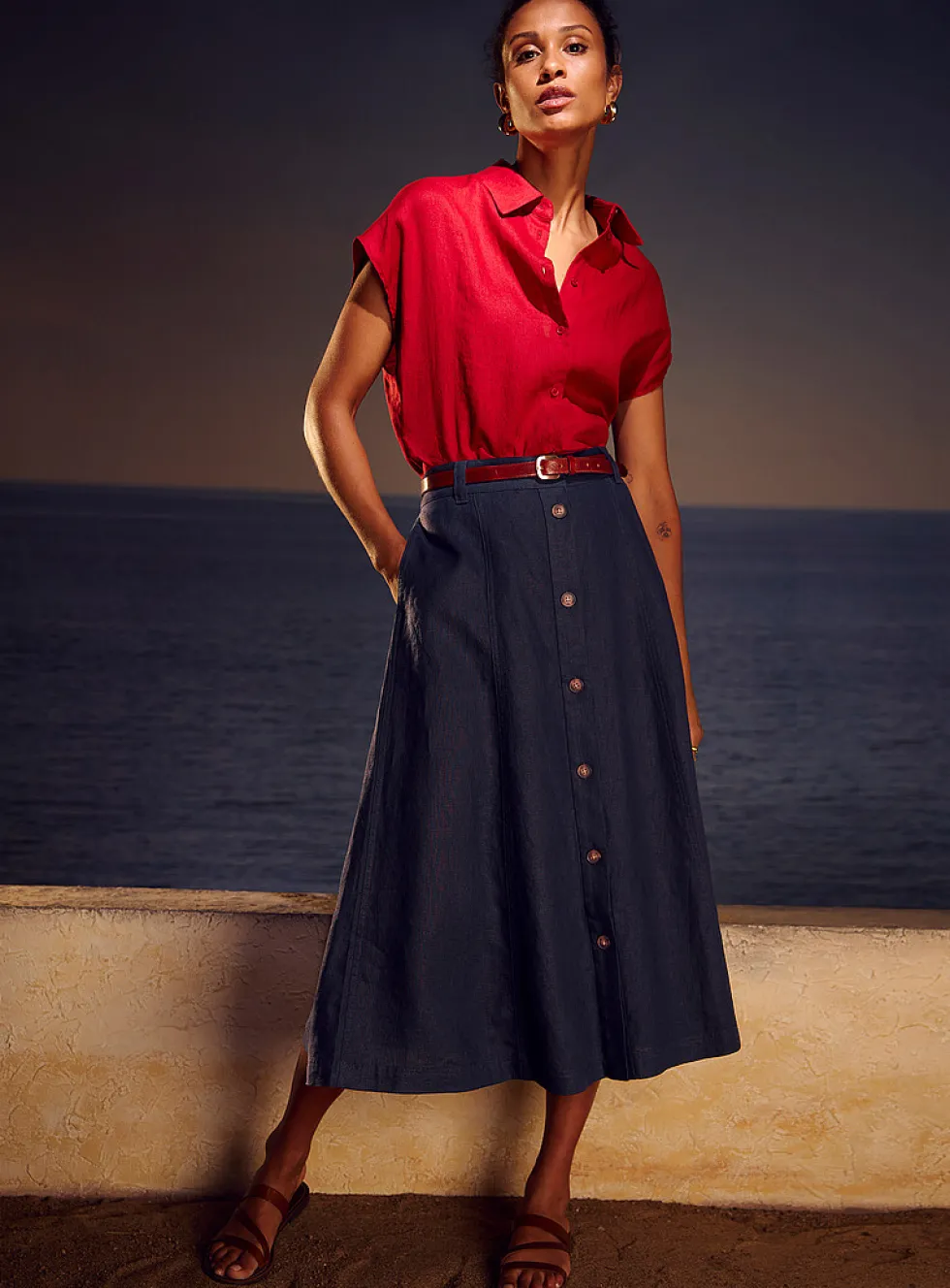 Pure linen button-up skirt