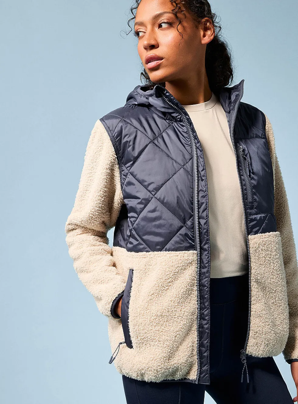Quilted and bouclé polar fleece hooded jacket