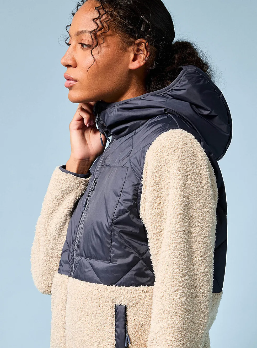 Quilted and bouclé polar fleece hooded jacket