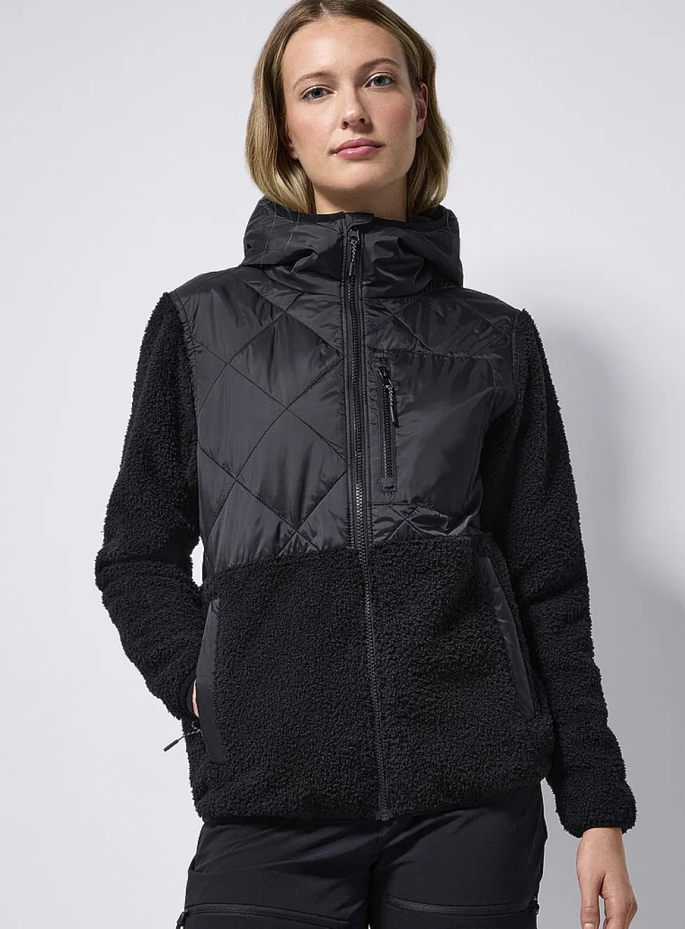 Quilted and bouclé polar fleece hooded jacket