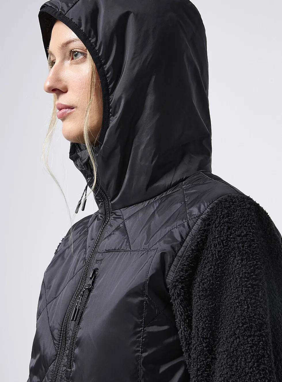 Quilted and bouclé polar fleece hooded jacket