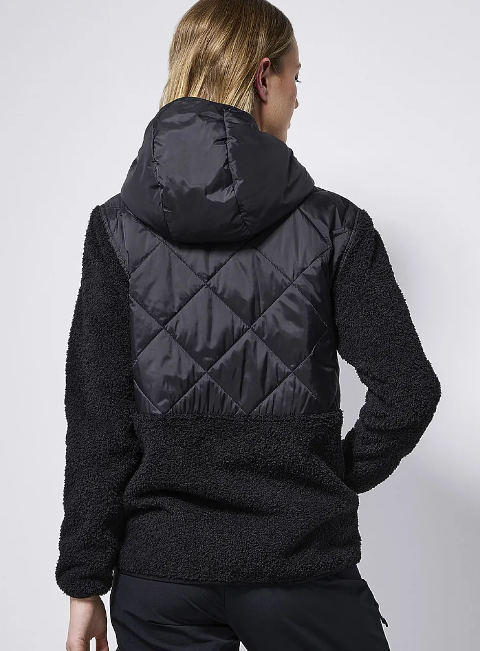 Quilted and bouclé polar fleece hooded jacket