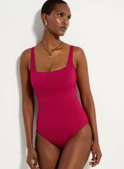 Raspberry straight-neckline ribbed one-piece