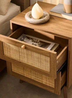 Rattan drawers walnut laminate accent table