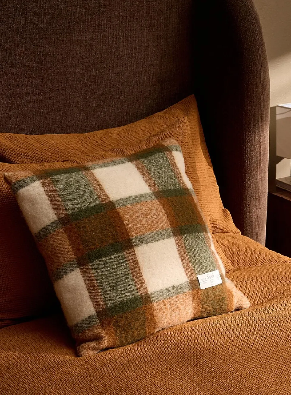 Red and orange checkers faux-mohair removable-cover cushion
