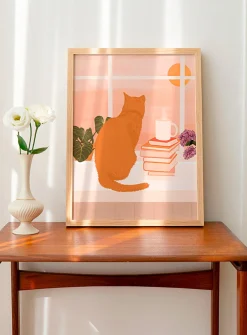 Red cat summer landscape art print