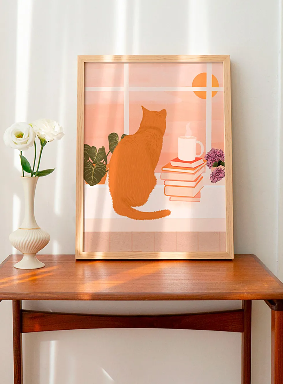 Red cat summer landscape art print