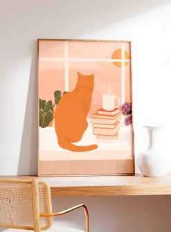 Red cat summer landscape art print