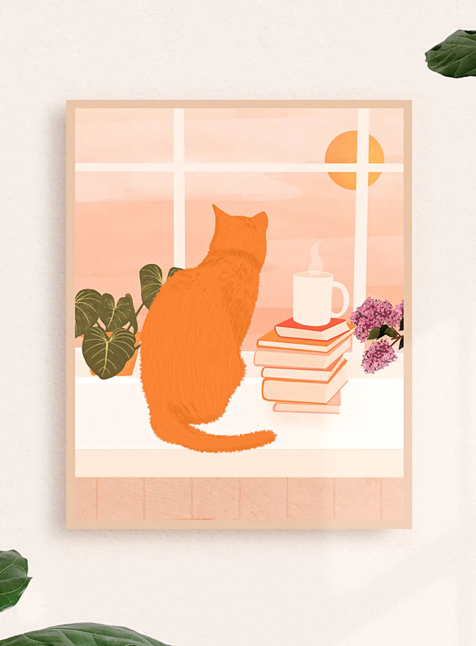 Red cat summer landscape art print