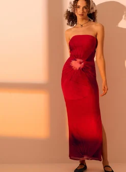 Red flower maxi tube dress