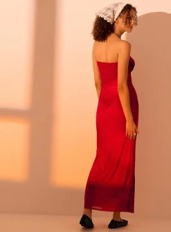 Red flower maxi tube dress