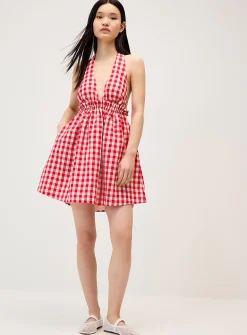 Red gingham pattern halter minidress