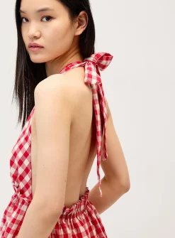 Red gingham pattern halter minidress