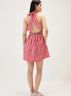 Red gingham pattern halter minidress