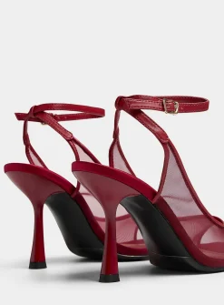 Red open-toe slingback pumps