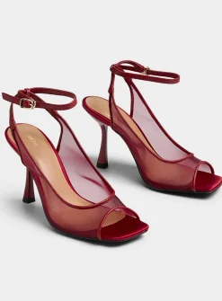 Red open-toe slingback pumps