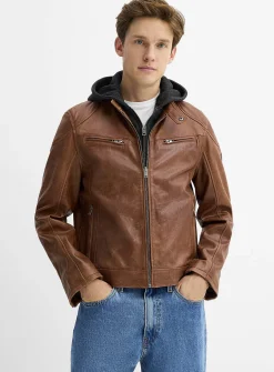 Removable-hood leather biker jacket