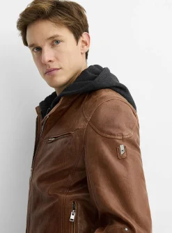Removable-hood leather biker jacket