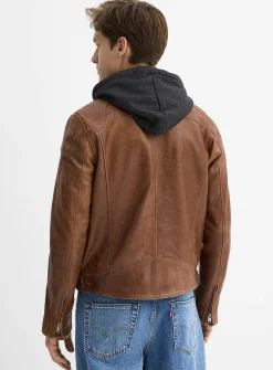Removable-hood leather biker jacket