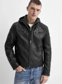 Removable-hood leather biker jacket