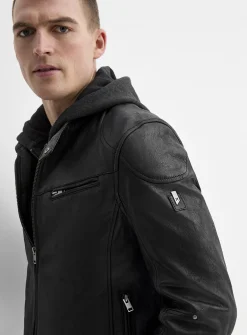Removable-hood leather biker jacket