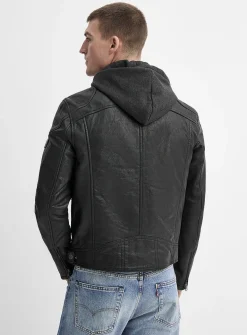 Removable-hood leather biker jacket