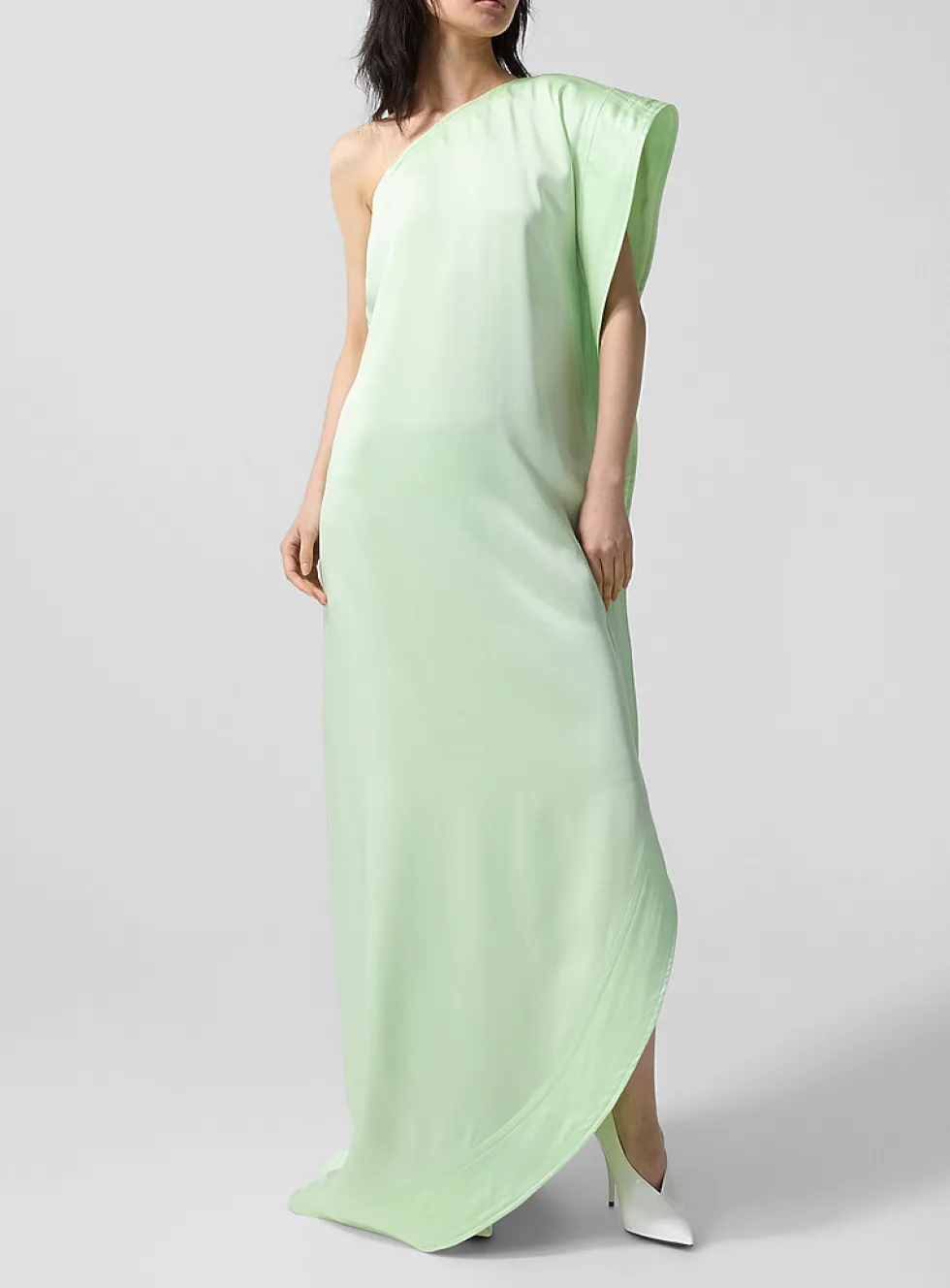 Reversed satin long asymmetrical dress