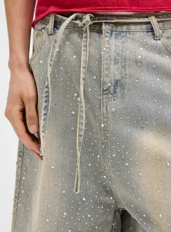 Rhinestone distressed denim Bermudas