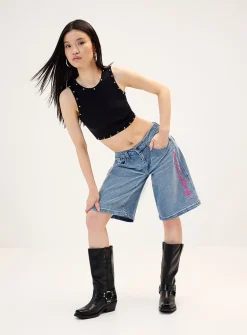 Rhinestone illustrations adjustable waist jort