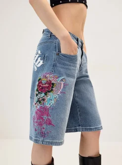 Rhinestone illustrations adjustable waist jort