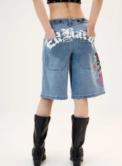 Rhinestone illustrations adjustable waist jort