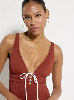 Ribbed laced-neck one-piece