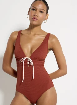 Ribbed laced-neck one-piece