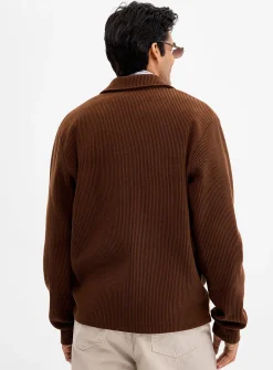 Rib-jersey polo-collar cardigan